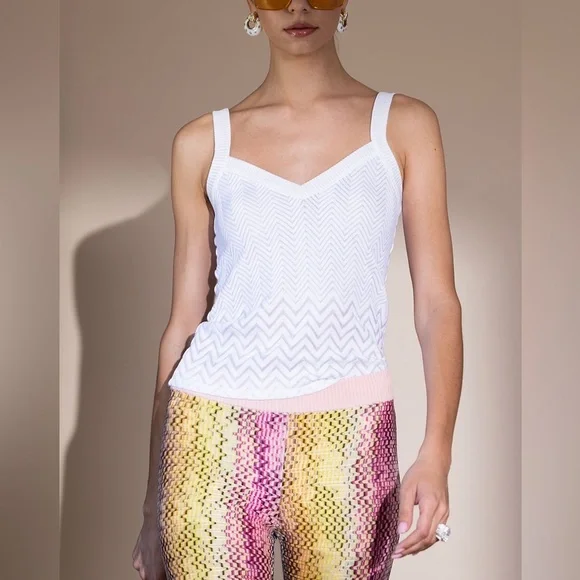 NWT Missoni White V Neck Chevron Tank Top Shirt IT40 NewZigZag Rare Knit